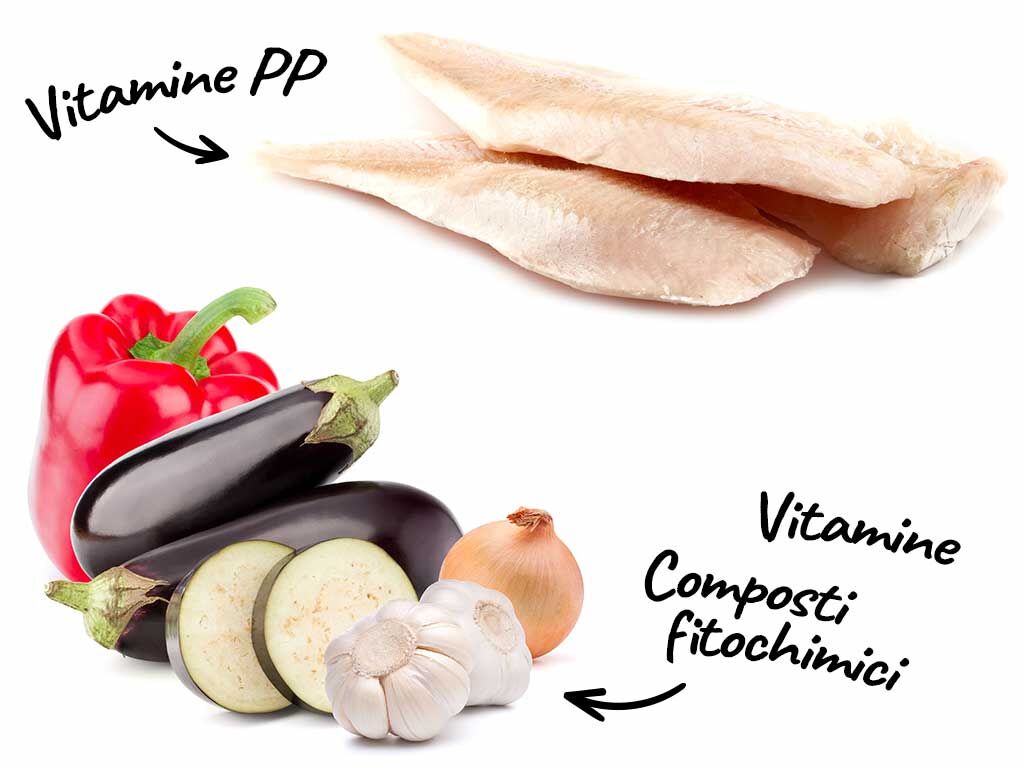 Ingredienti di Orata capperi, olive e pomodoro con caponata di verdure dietetica