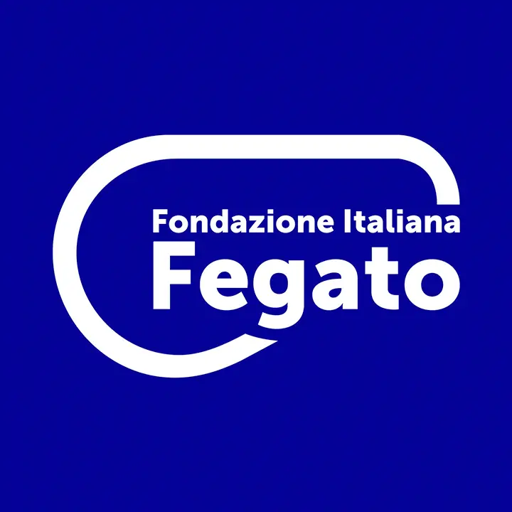 Il logo della Fondazione Italiana Fegato, con un fegato stilizzato celeste su sfondo blu scuro.