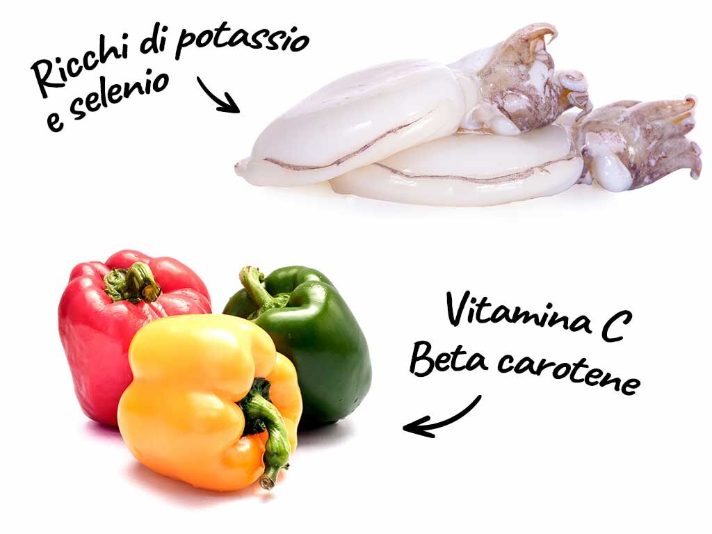 Ingredienti di Riso venere dietetico con calamari e peperoni